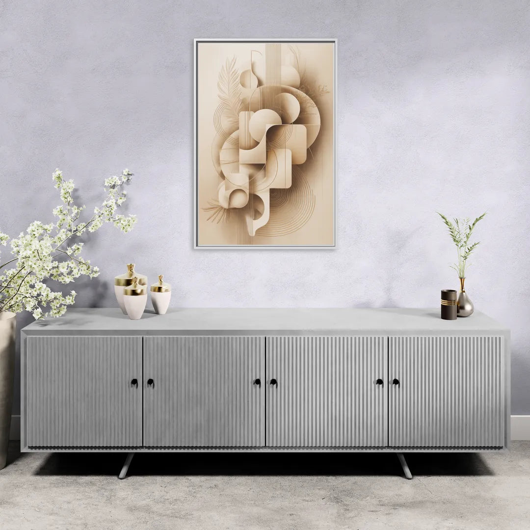 Geometric Harmony Beige Abstract - Living Room White Frame Canvas
