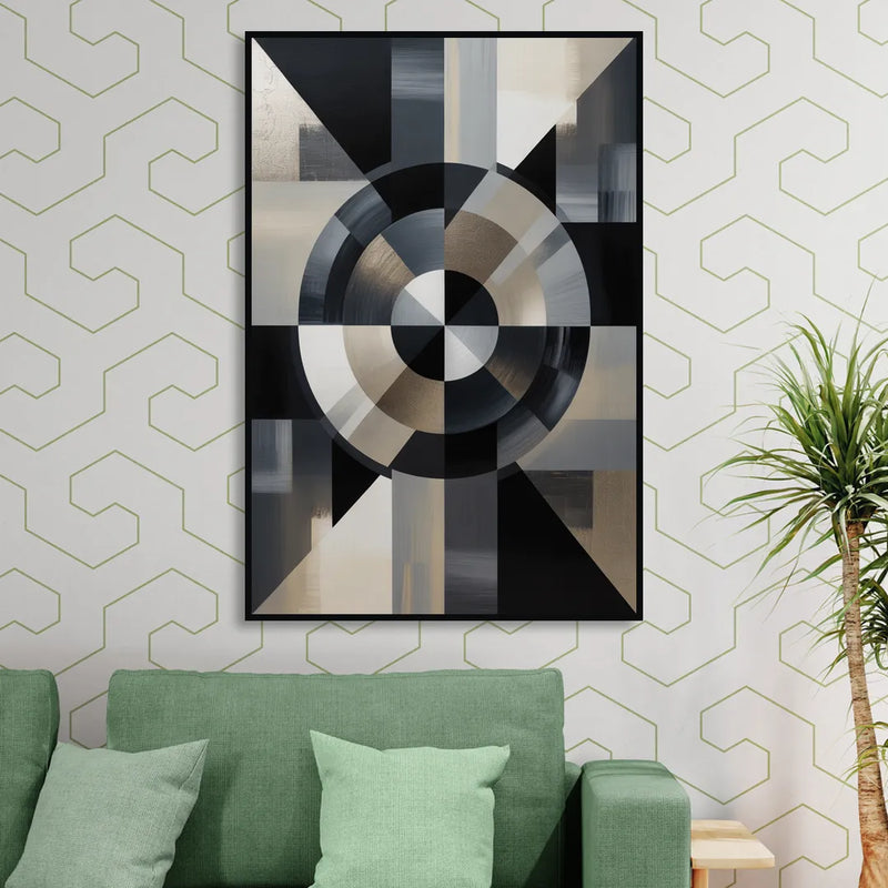 Geometric Harmony Black and Grey Abstract Living Room - Black Canvas Wall Art