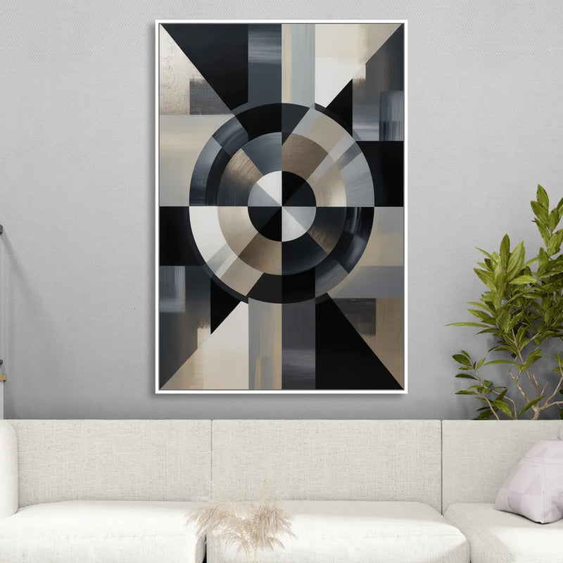 Geometric Harmony Black and Grey Abstract Sitting Room - White Canvas Wall Art