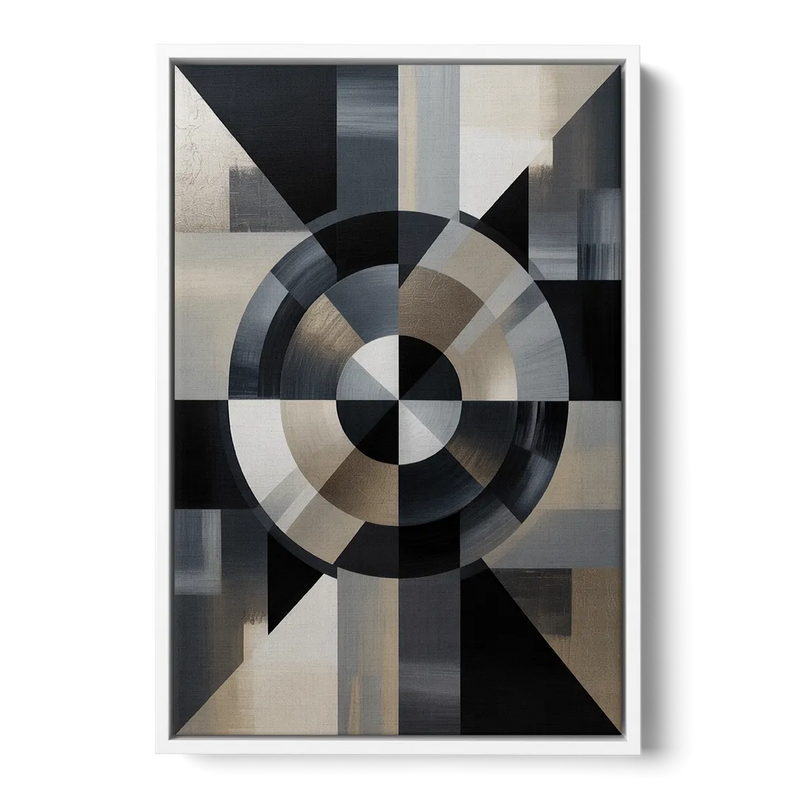 Geometric Harmony Black and Grey Abstract Front - White Canvas Wall Art
