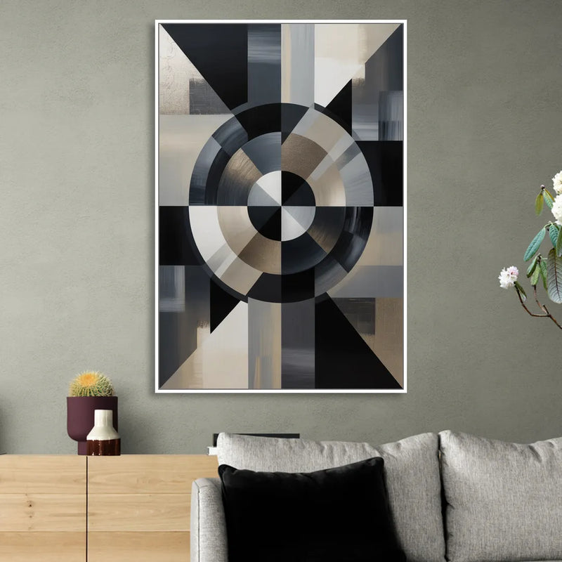 Geometric Harmony Black and Grey Abstract Living Room - White Canvas Wall Art