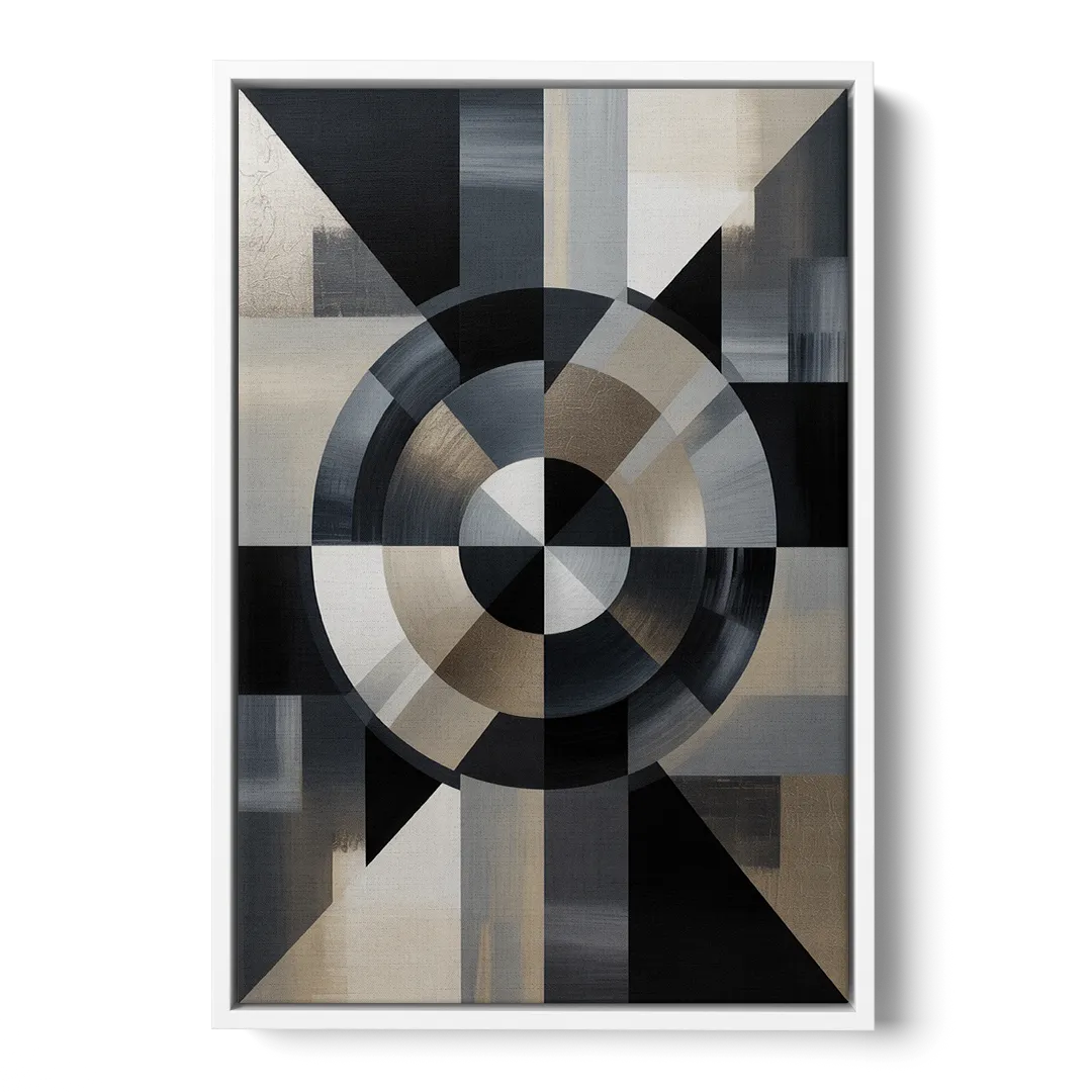 Geometric Harmony Black and Grey Abstract - White Frame Canvas