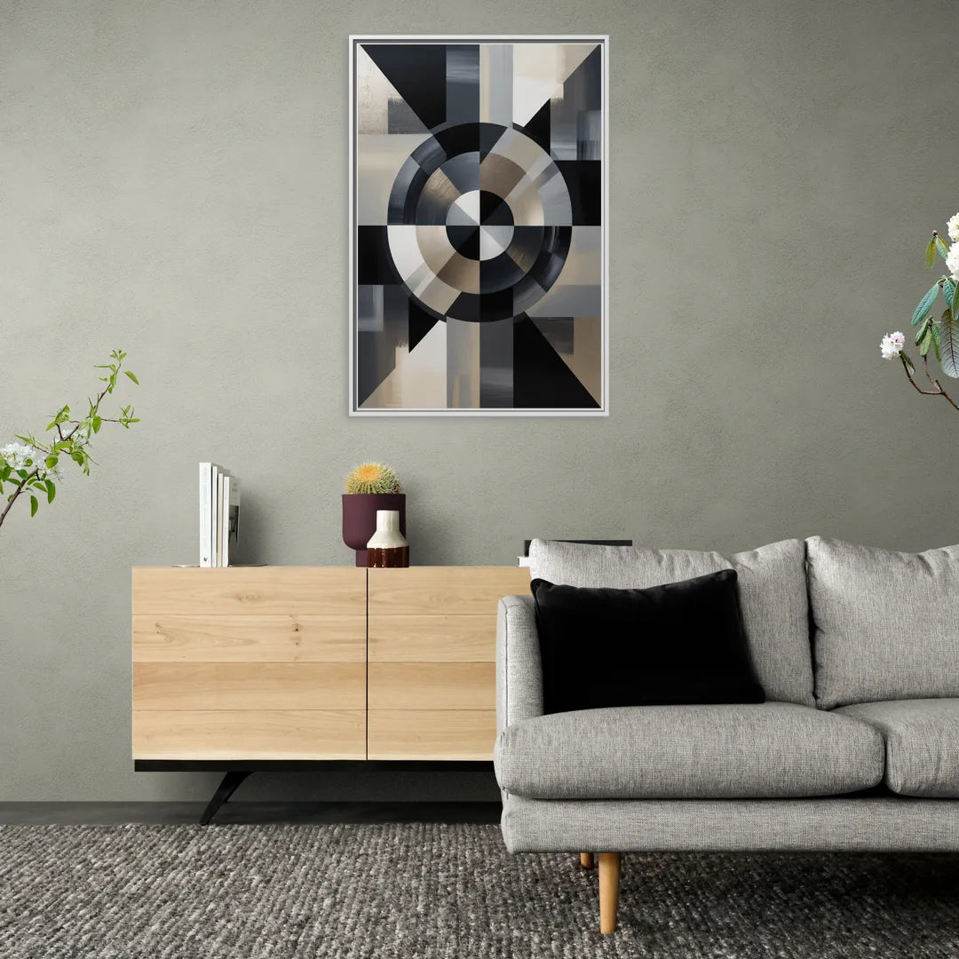 Geometric Harmony Black and Grey Abstract - Living Room White Frame Canvas