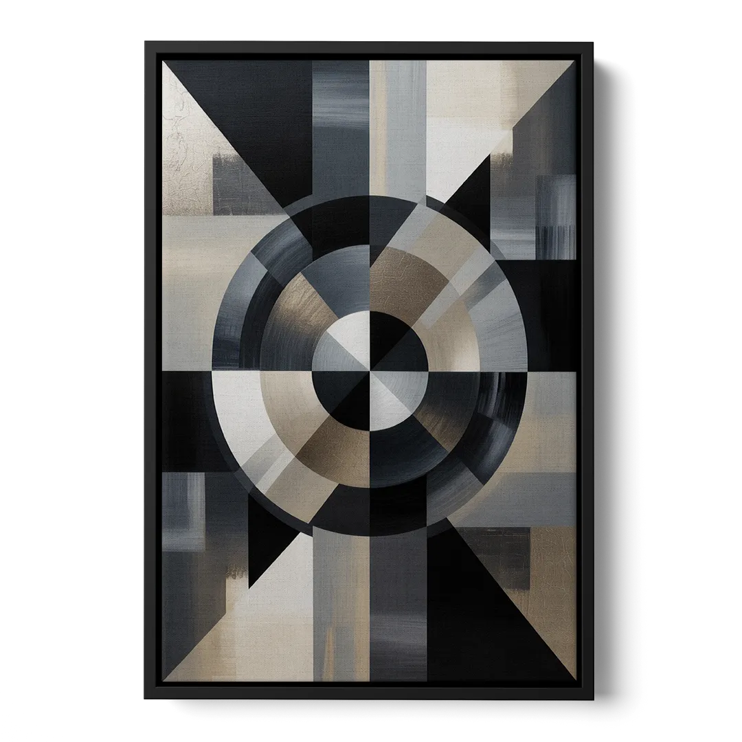 Geometric Harmony Black and Grey Abstract - Black Frame Canvas