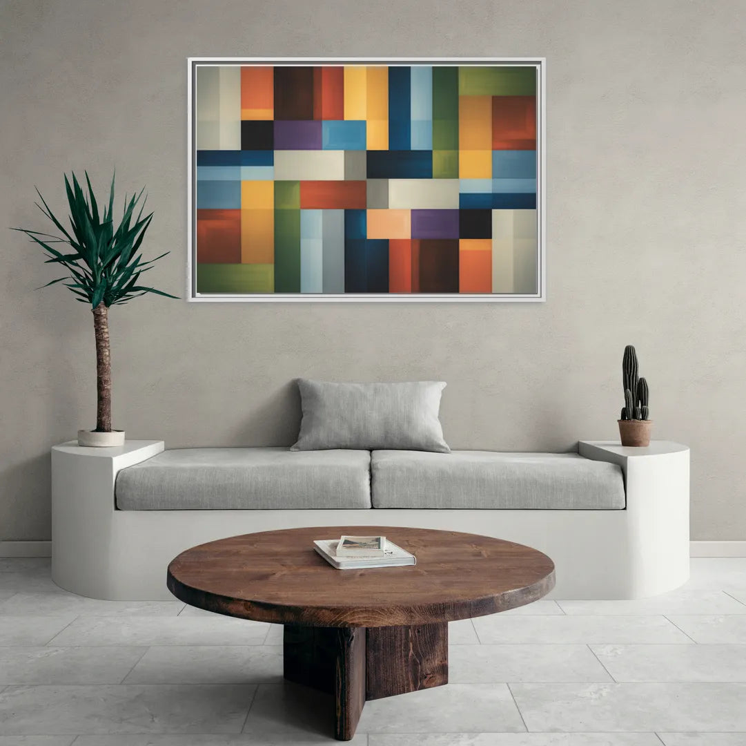 Geometric Harmony Colorful Abstract - Living Room White Frame Canvas