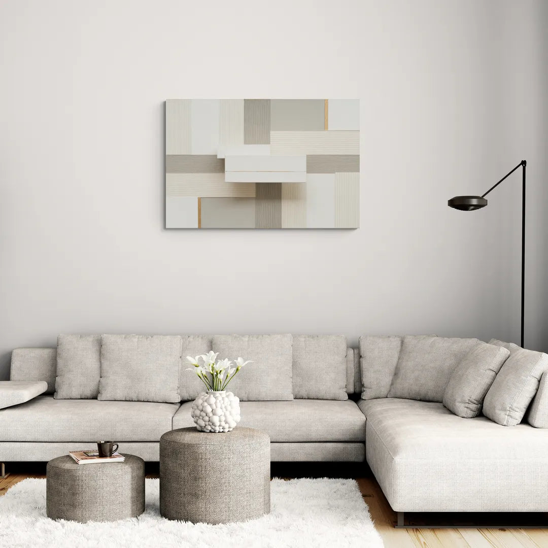 Geometric Harmony in White Abstract - Canvas Wall Art Living Room