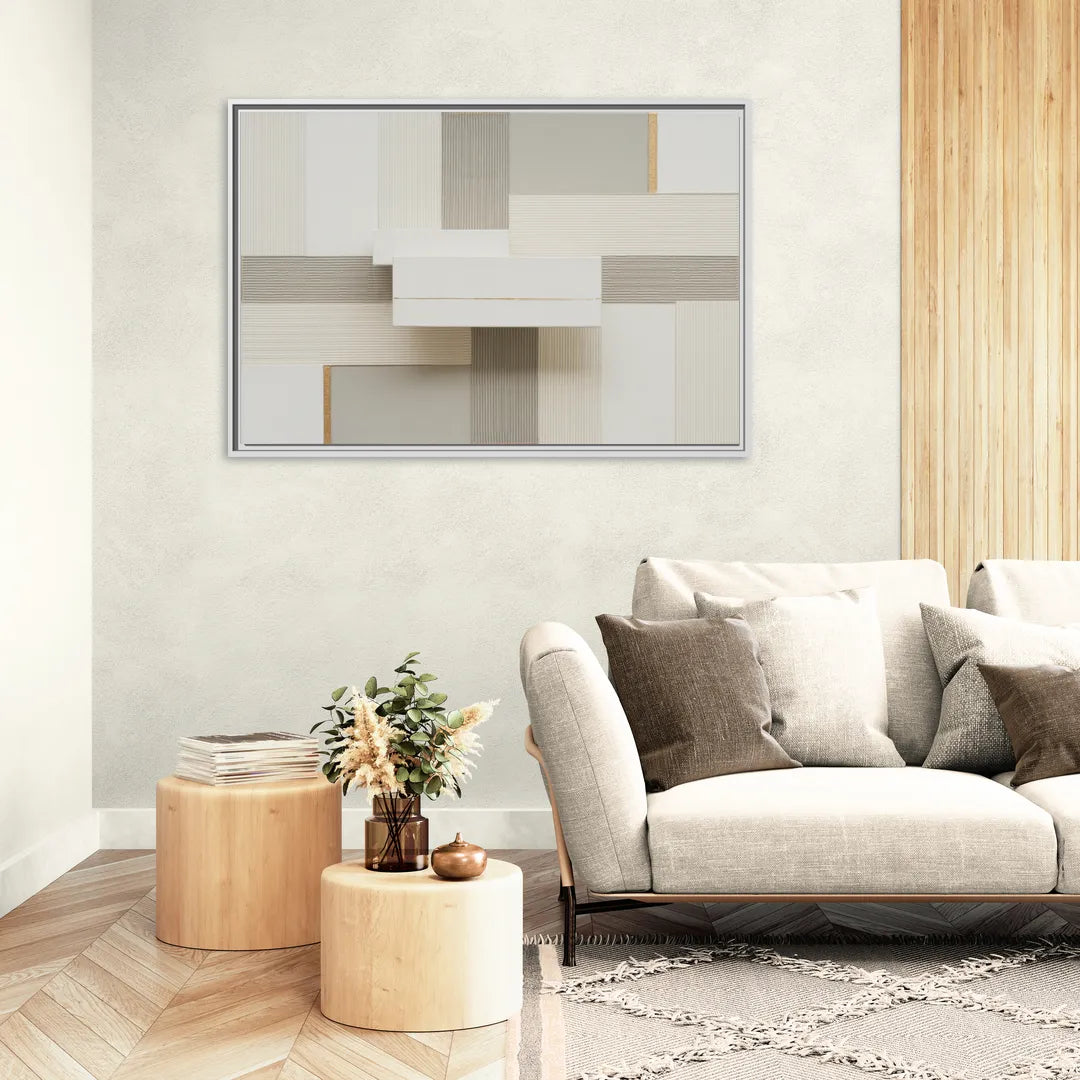 Geometric Harmony in White Abstract - Living Room White Frame Canvas
