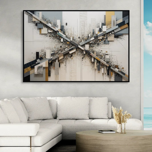 Geometric Urban Elegance White Abstract Living Room - Black Canvas Wall Art