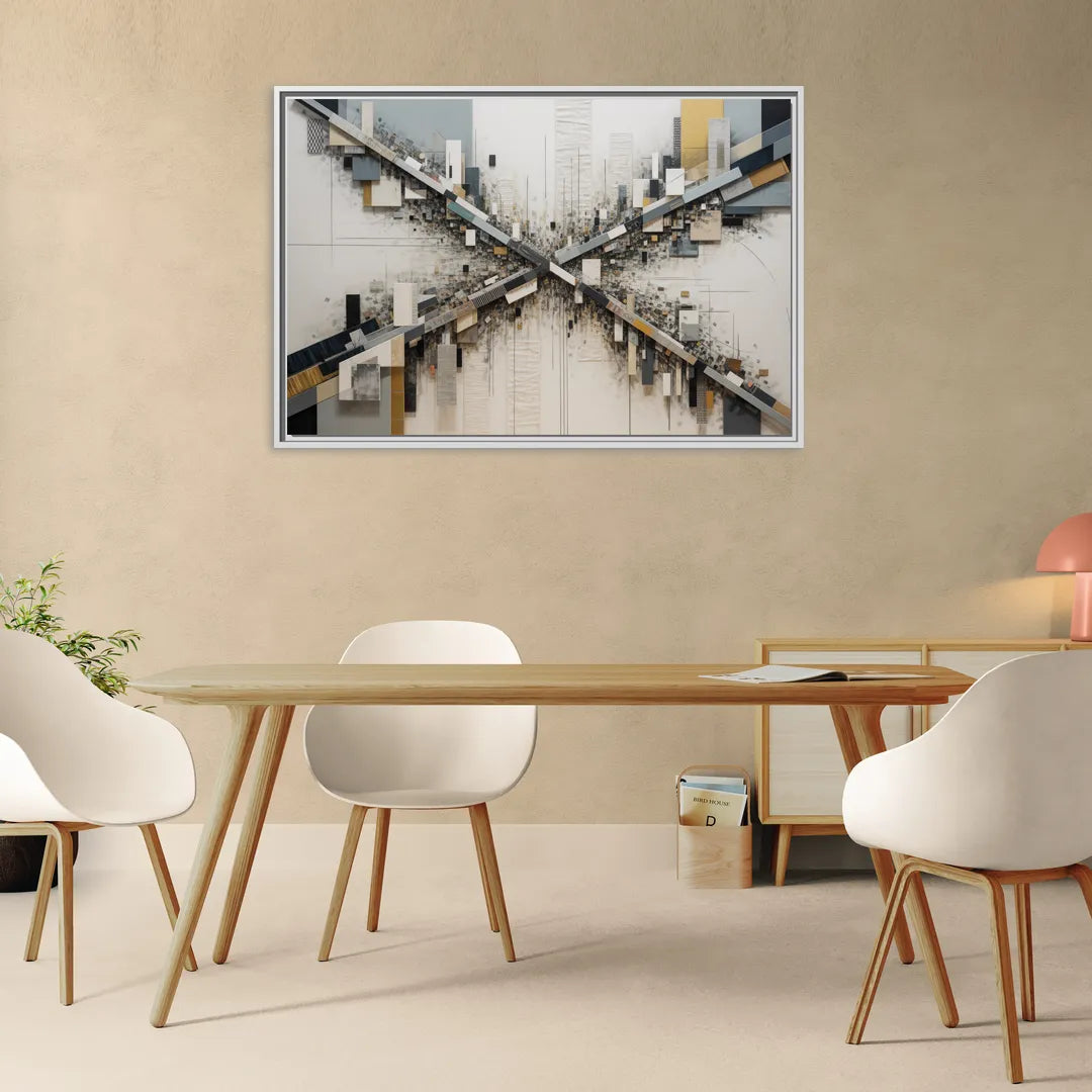 Geometric Urban Elegance White Abstract - Living Room White Frame Canvas