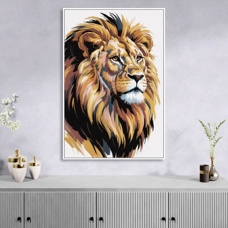 Gleaming Gold Lion Sitting Room - White Canvas Wall Art