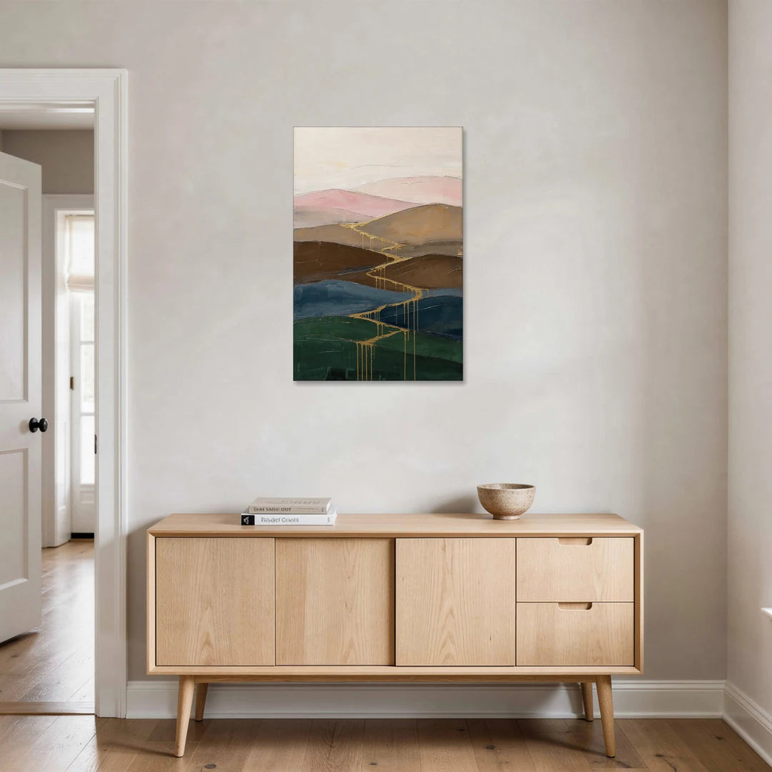 Gold Drip Stream Through Layered Hills - Canvas Wall Art - Coffee Table - 24x36