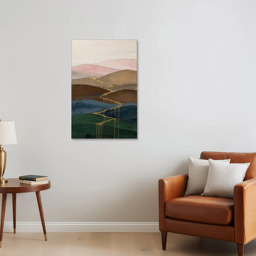 Gold Drip Stream Through Layered Hills - Canvas Wall Art - Sofa - 24x36
