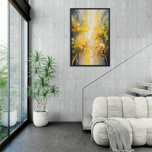 Golden Forest Canopy Yellow Abstract - Living Room Black Frame Canvas