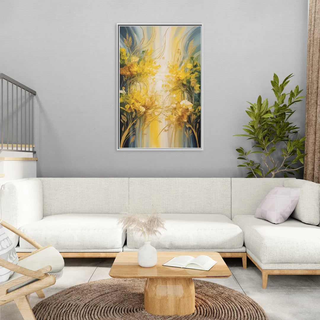 Golden Forest Canopy Yellow Abstract - Living Room White Frame Canvas