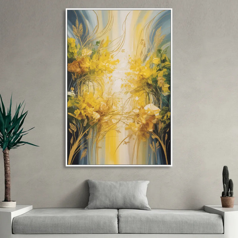 Golden Forest Canopy Yellow Abstract Sitting Room - White Canvas Wall Art