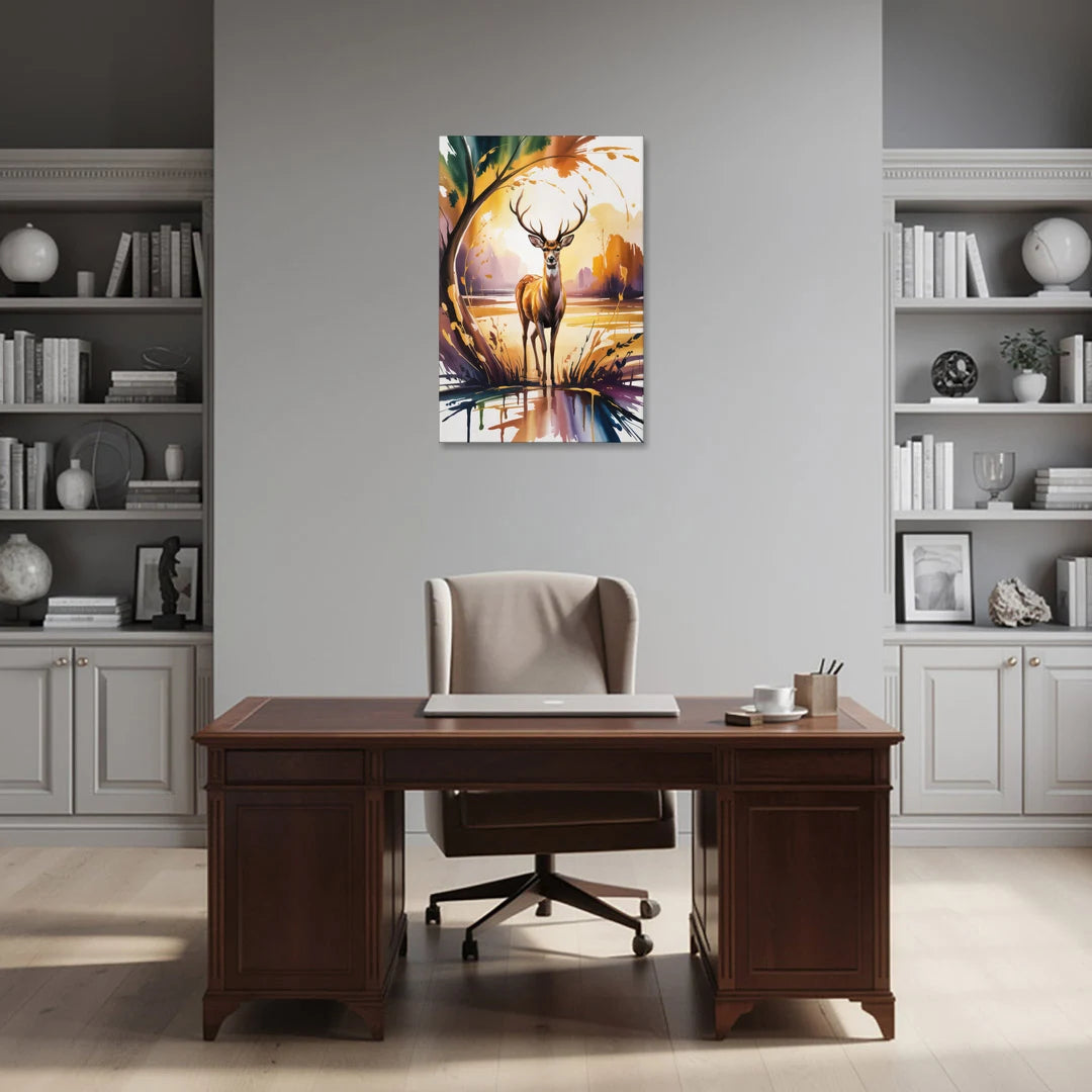 Golden Hour Deer Scene - Canvas Wall Art - Office - 24x36