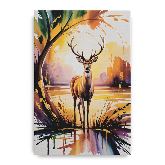 Golden Hour Deer Scene - Canvas Wall Art