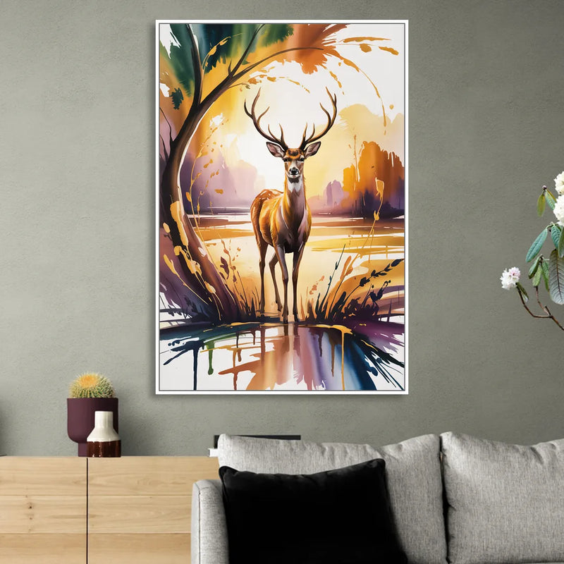 Golden Hour Deer Scene Sitting Room - White Canvas Wall Art