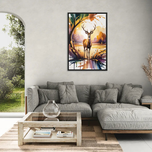 Golden Hour Deer Scene - Living Room Black Frame Canvas