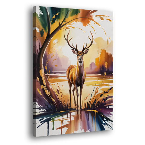 Golden Hour Deer Scene - Canvas Wall Art