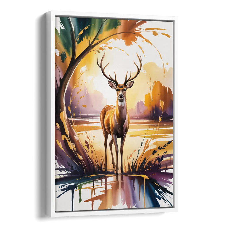 Golden Hour Deer Scene Side - White Canvas Wall Art