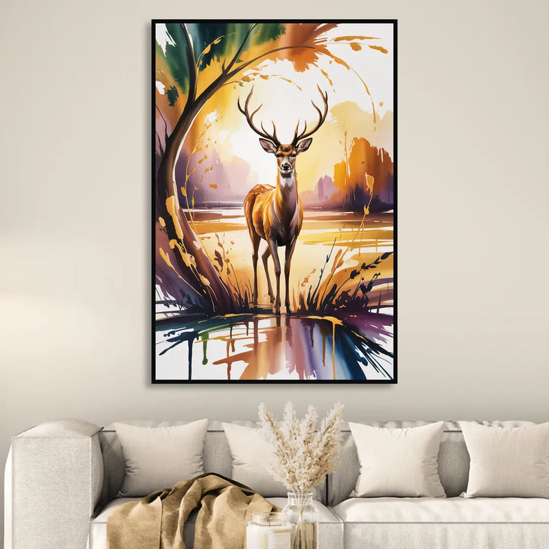 Golden Hour Deer Scene Living Room - Black Canvas Wall Art