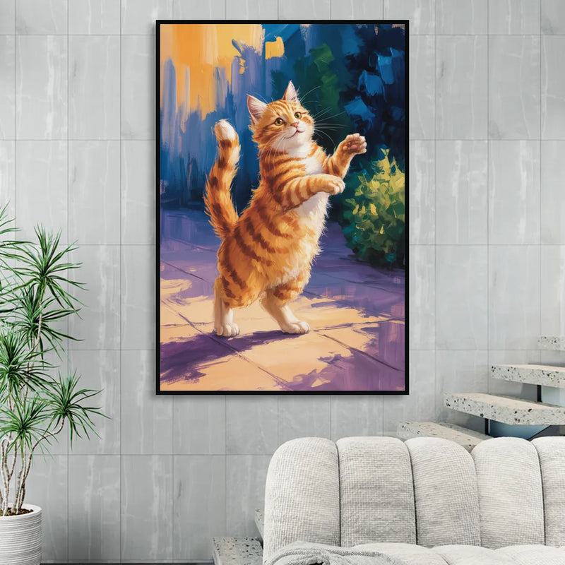 Golden Hour Orange Cat Sitting Room - Black Canvas Wall Art