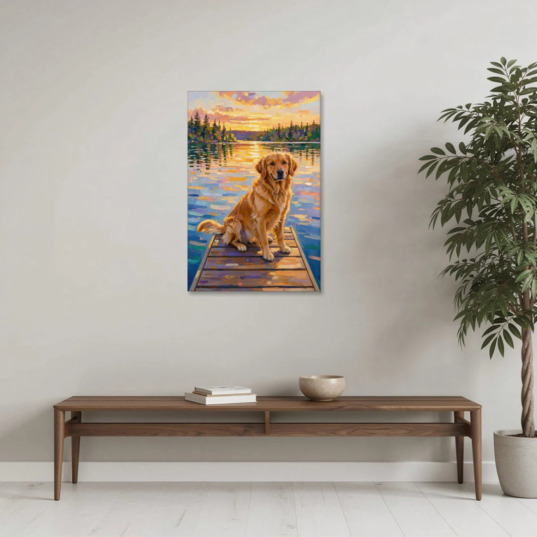 Golden Retriever on a Lake Dock at Sunset - Canvas Wall Art - Coffee Table - 24x36