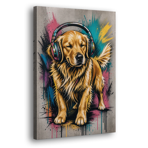 Golden Retriever with Headphones - Canvas Wall Art