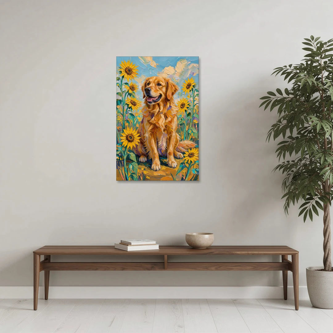 Golden Retriever with Sunflowers - Canvas Wall Art - Coffee Table - 24x36