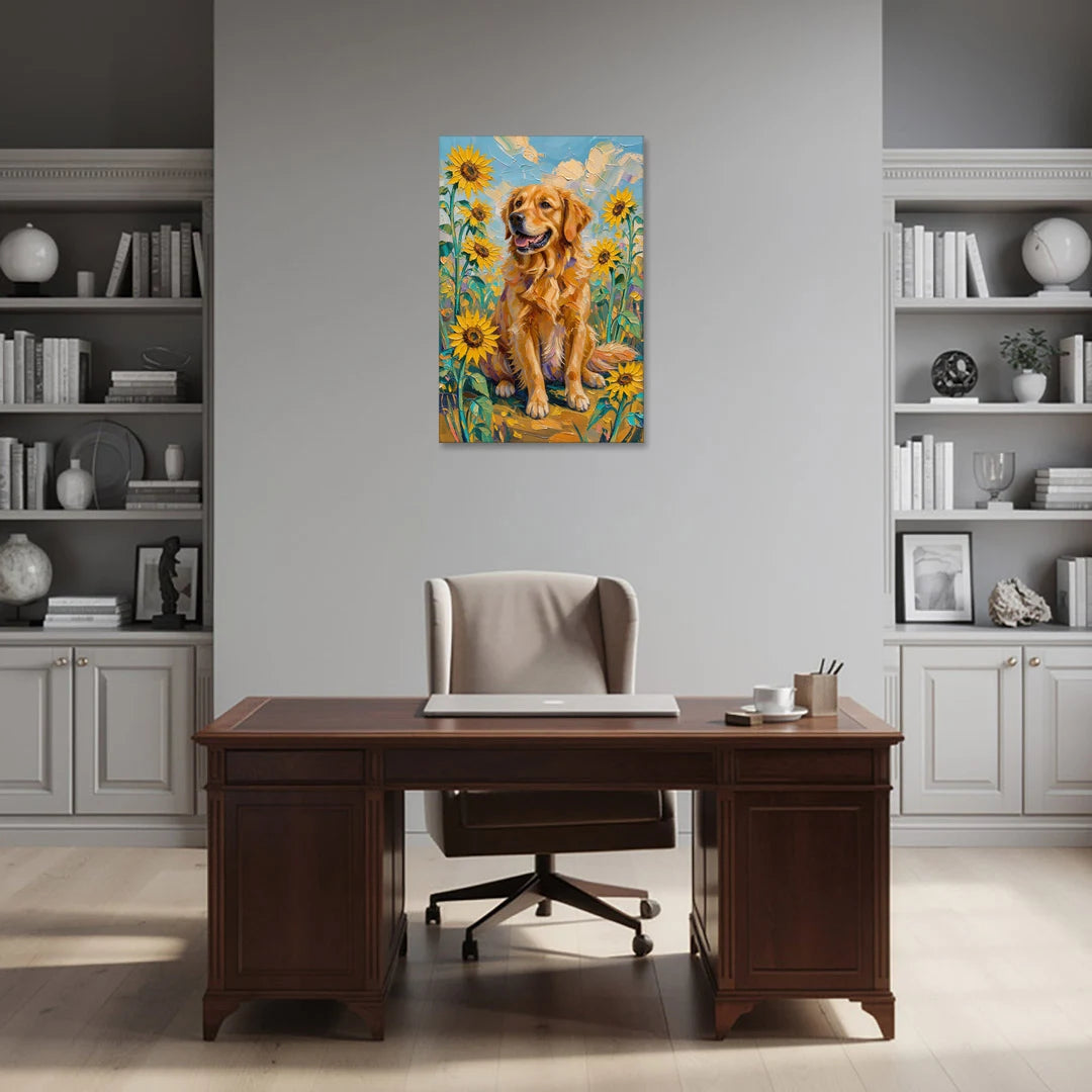 Golden Retriever with Sunflowers - Canvas Wall Art - Office - 24x36