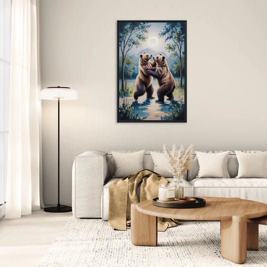 Graceful Bear Dance in Moonlight - Living Room Black Frame Canvas