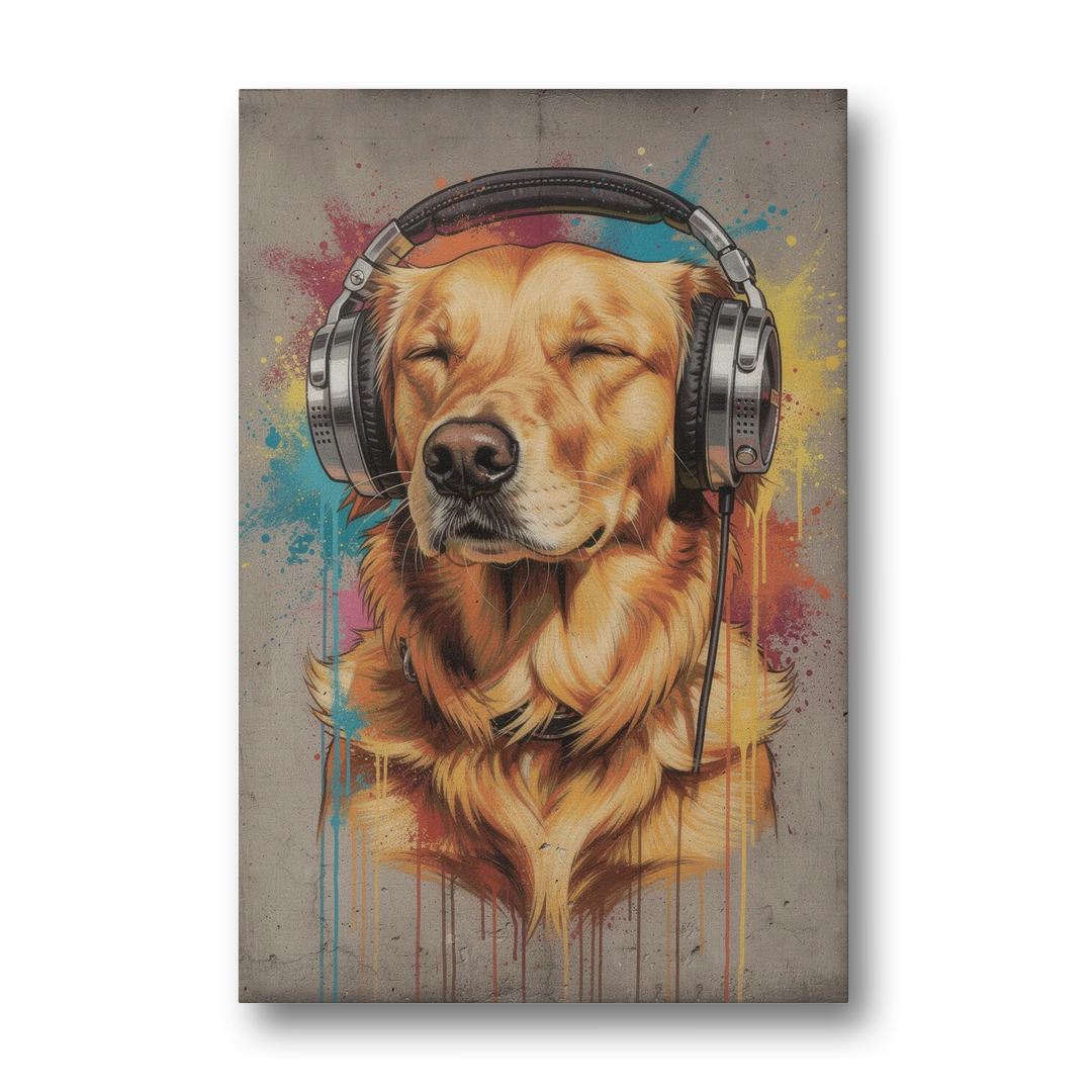 Graffiti Golden Retriever with Headphones - Canvas Wall Art - Front
