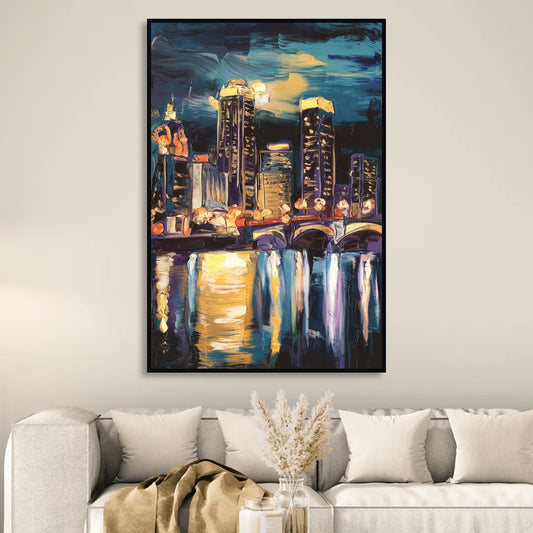 Grand Rapids Nighttime Skyline Glow Living Room - Black Canvas Wall Art