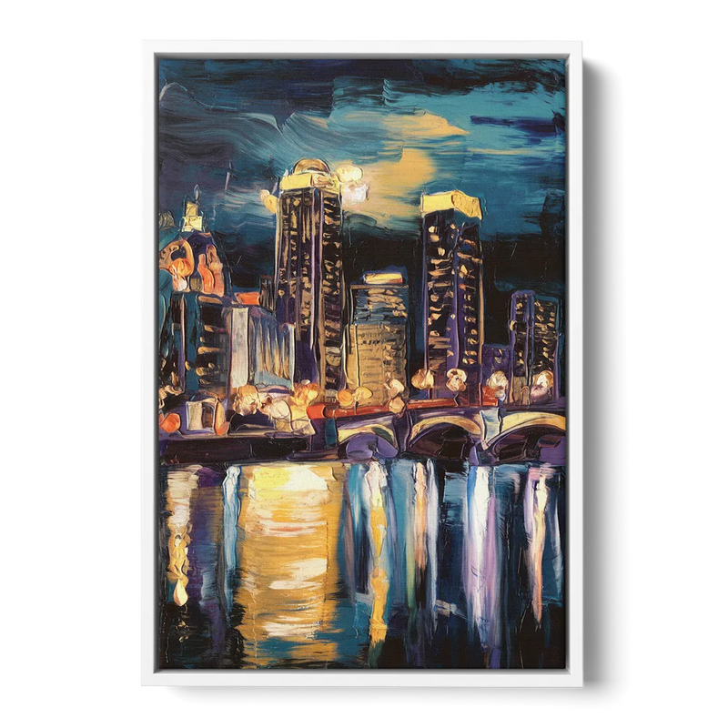 Grand Rapids Nighttime Skyline Glow Front - White Canvas Wall Art