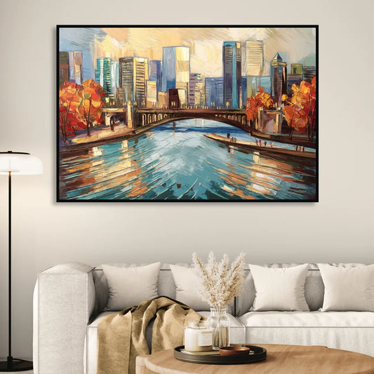 Grand Rapids Urban River Views Living Room - Black Canvas Wall Art