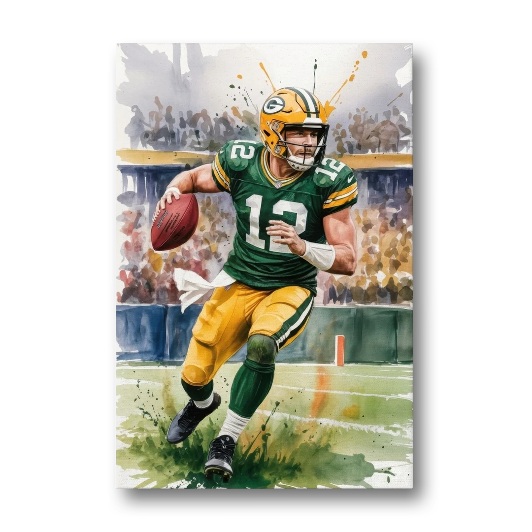 Green Bay Packers Expressive Watercolor Football - Aaron Rodgers - Canvas Wall Art - Front