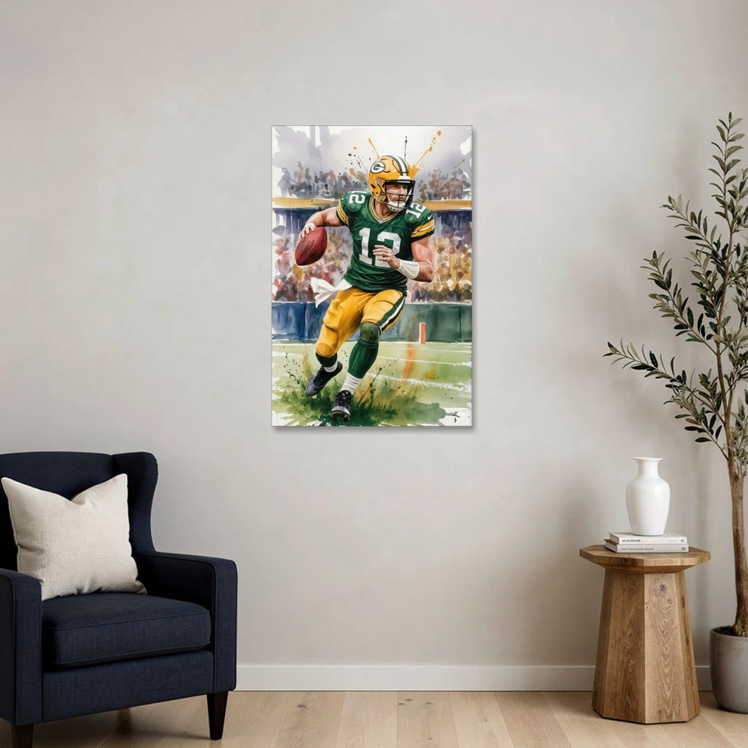 Green Bay Packers Expressive Watercolor Football - Aaron Rodgers - Canvas Wall Art - Sofa - 24x36