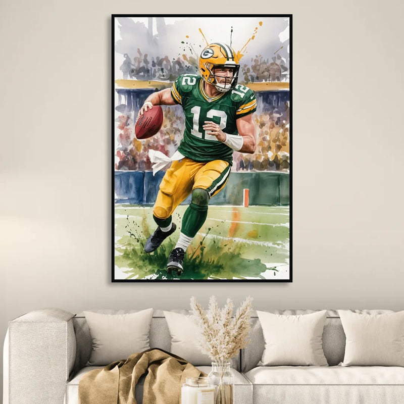 Green Bay Packers Expressive Watercolor Football Art Sitting Room - Black Canvas Wall Art