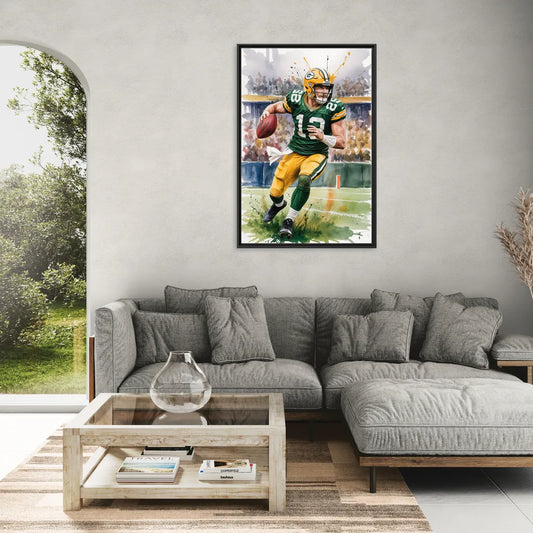 Green Bay Packers Expressive Watercolor Football Art - Living Room Black Frame Canvas