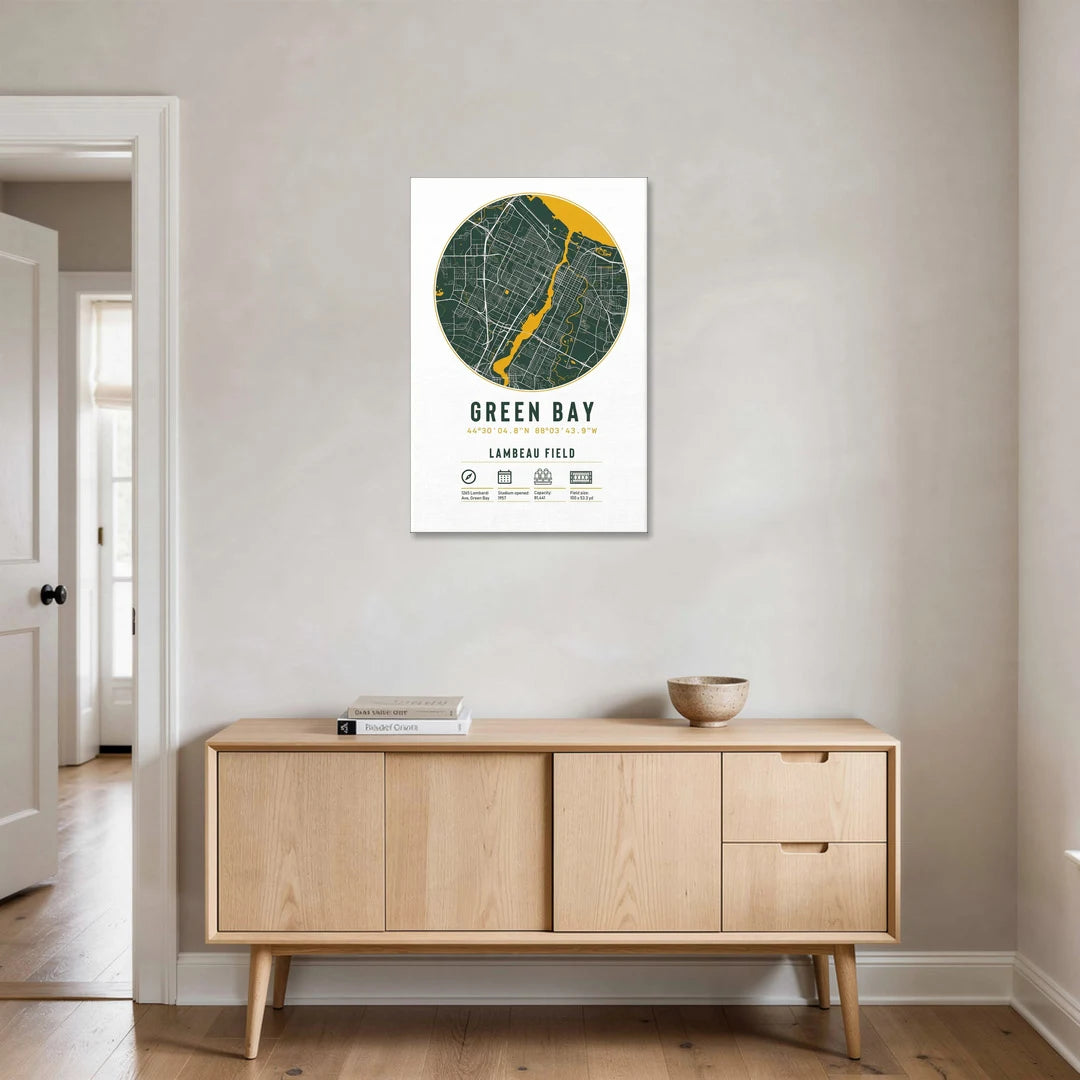 Green Bay Packers Lambeau Field Stadium Map - Canvas Wall Art - Coffee Table - 24x36