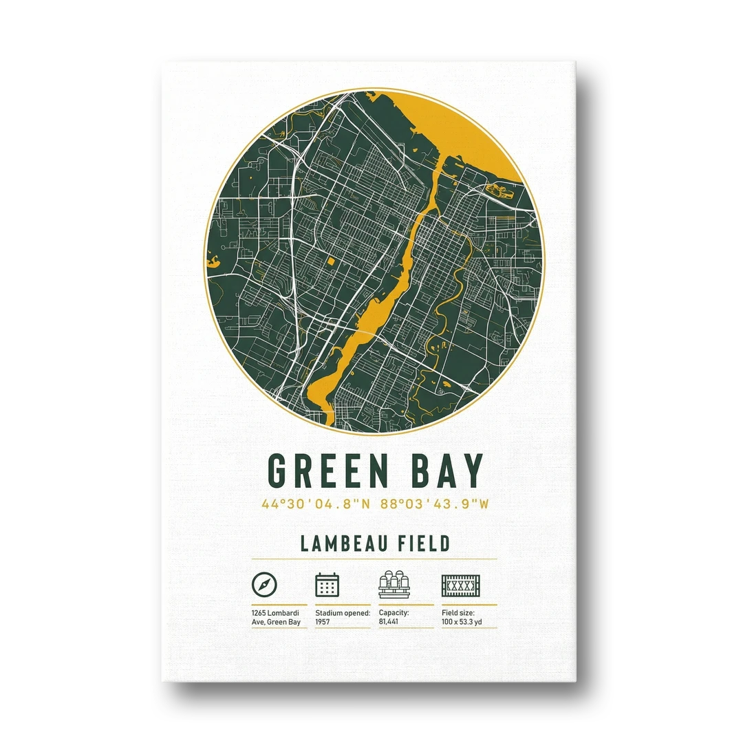 Green Bay Packers Lambeau Field Stadium Map - Canvas Wall Art - Front