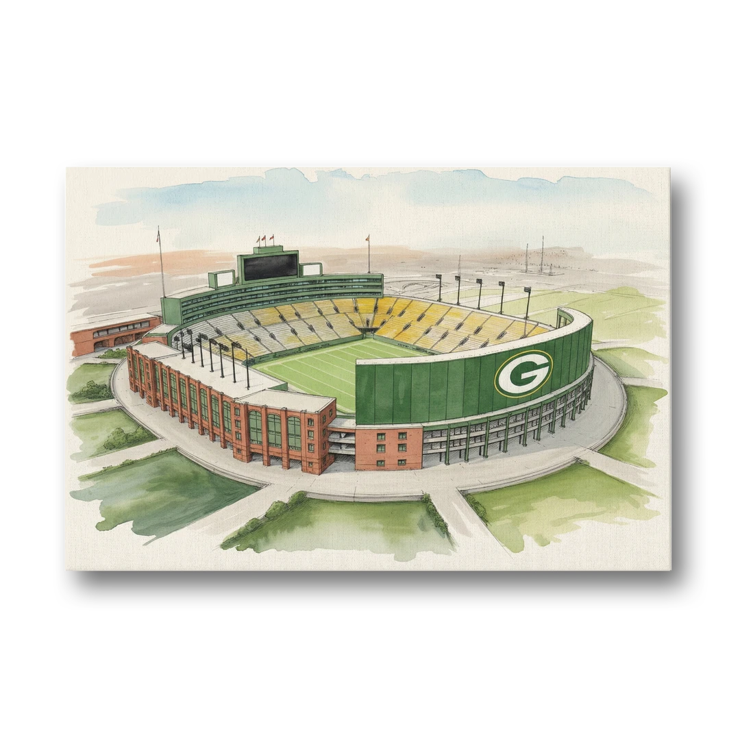 Green Bay Packers Lambeau Field Watercolor Illustration - Canvas Wall Art - Front