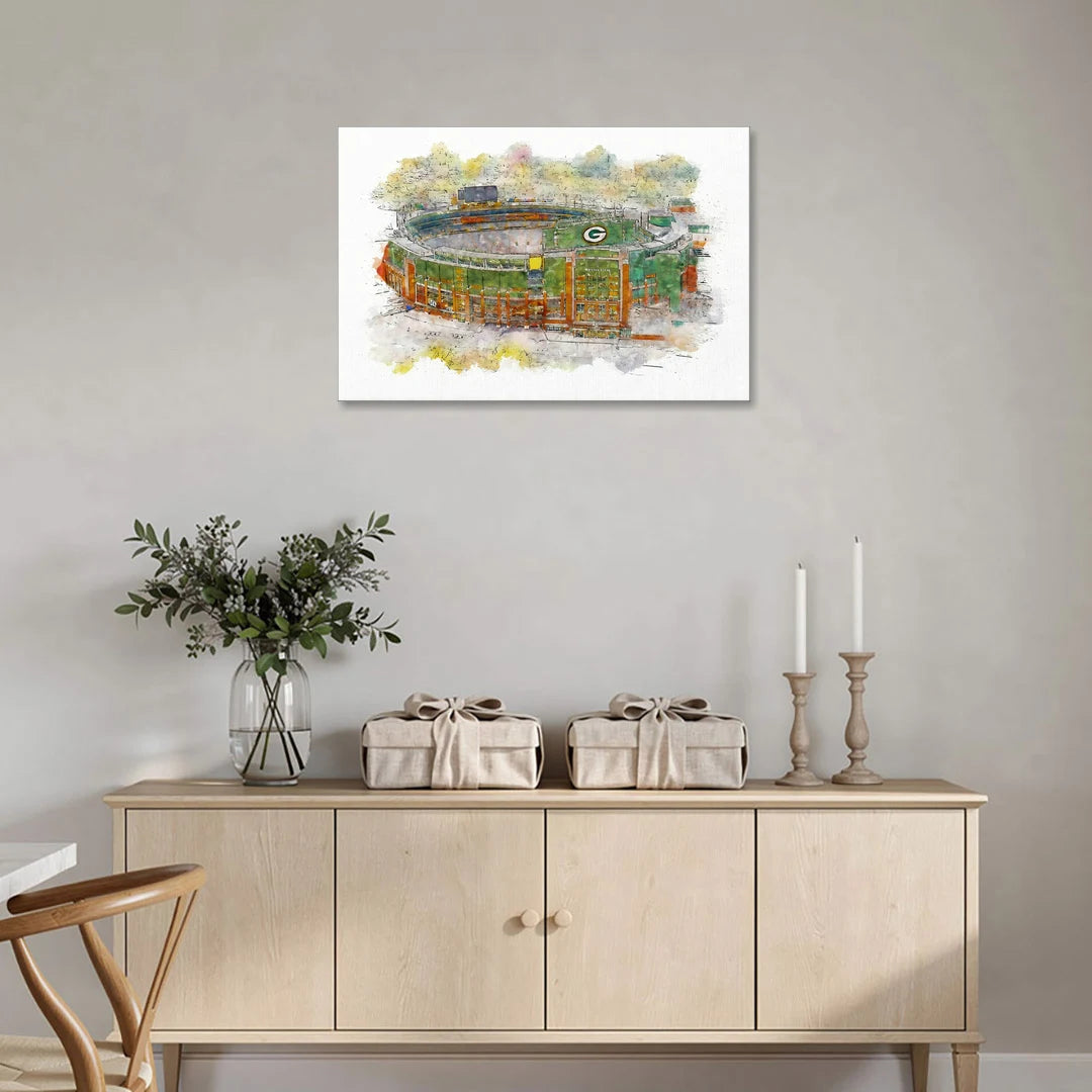Green Bay Packers Lambeau Field Watercolor Stadium - Canvas Wall Art - Coffee Table - 36x24