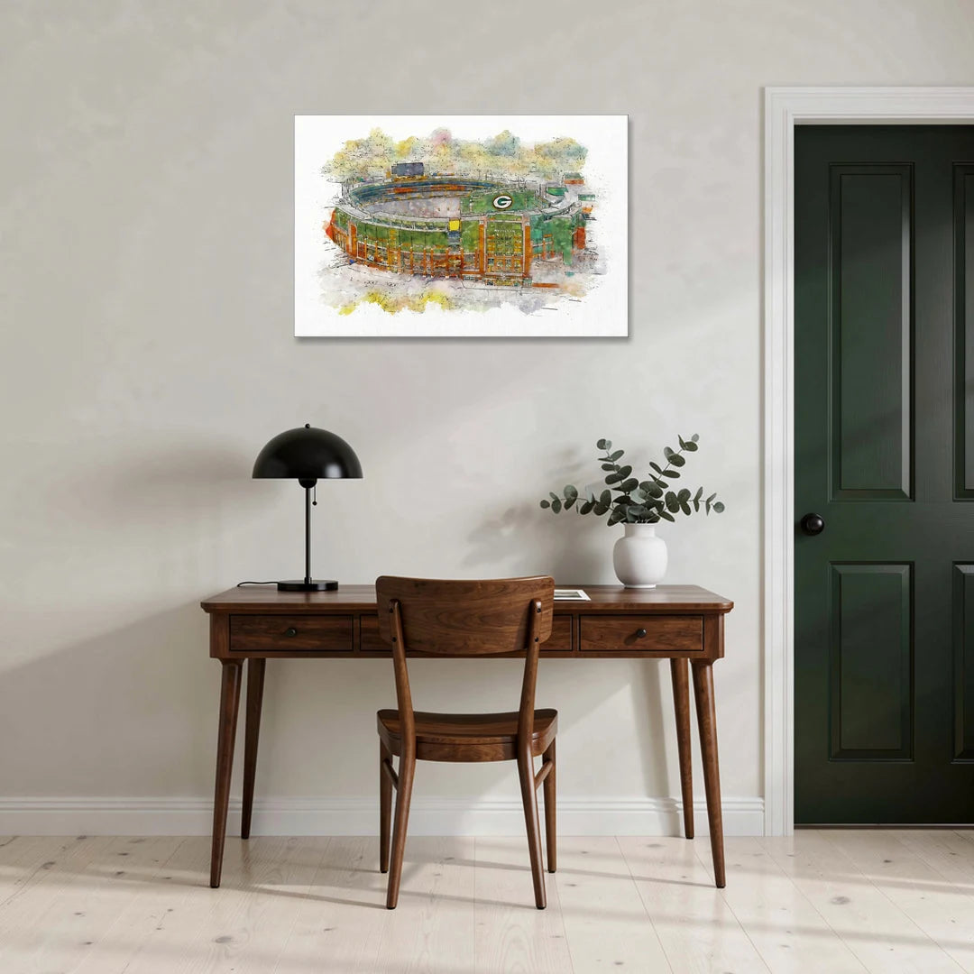 Green Bay Packers Lambeau Field Watercolor Stadium - Canvas Wall Art - Office - 36x24