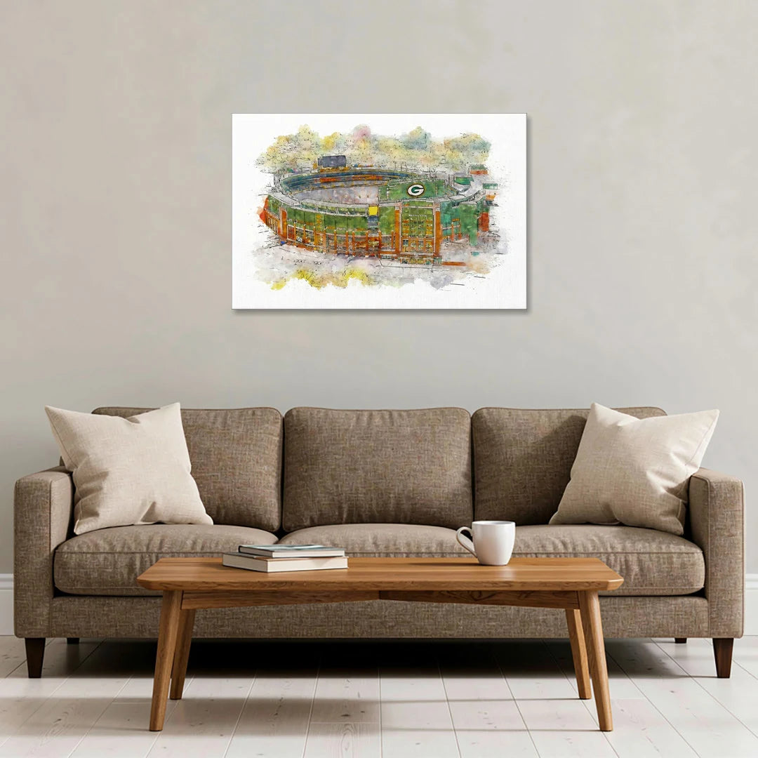 Green Bay Packers Lambeau Field Watercolor Stadium - Canvas Wall Art - Sofa - 36x24