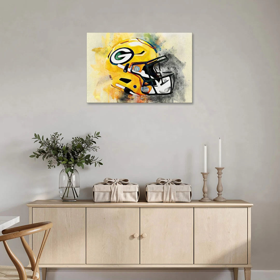 Green Bay Packers Yellow Helmet Expressive Watercolor - Canvas Wall Art - Coffee Table - 36x24
