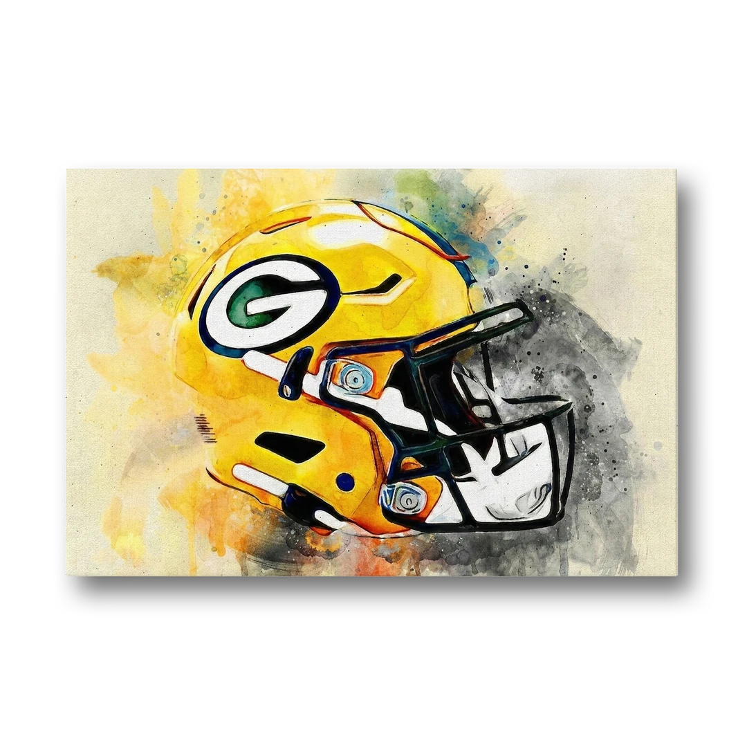 Green Bay Packers Yellow Helmet Expressive Watercolor - Canvas Wall Art - Front