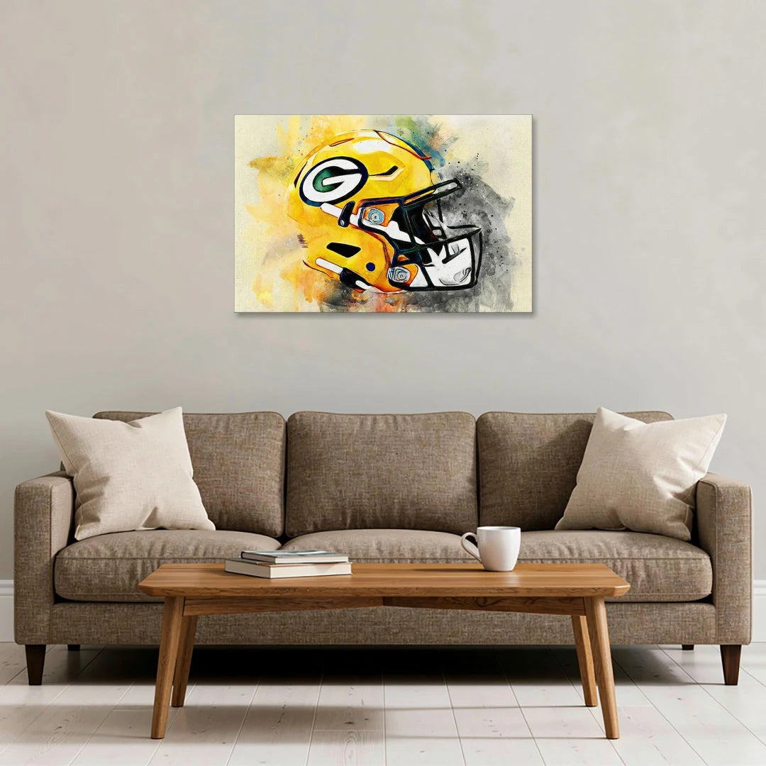 Green Bay Packers Yellow Helmet Expressive Watercolor - Canvas Wall Art - Sofa - 36x24
