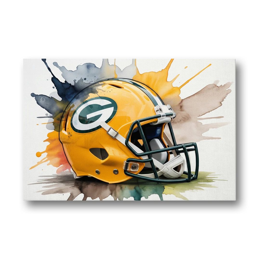 Green Bay Packers Yellow Helmet Watercolor - Canvas Wall Art - Front